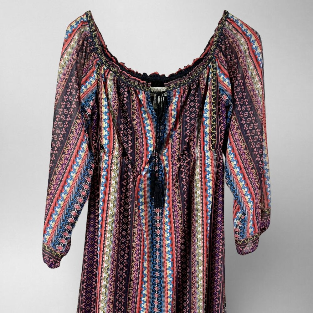 Flying Tomato Boho Off Shoulder Peasant Dress Multicolor Tassel Small